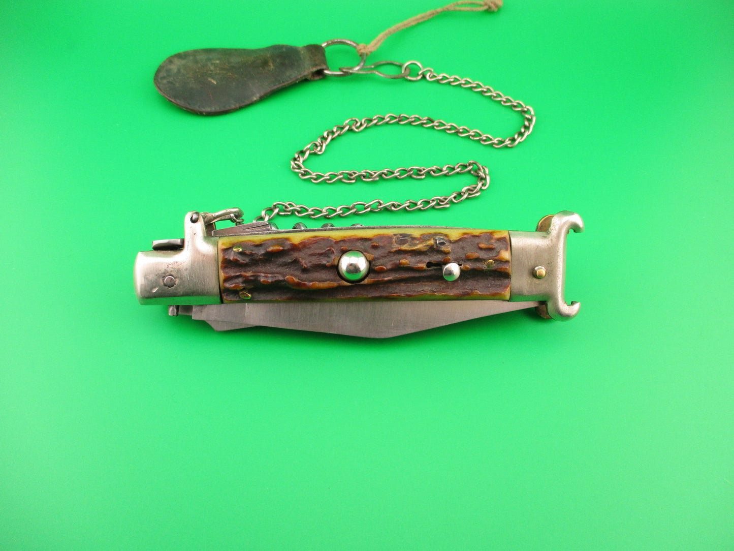 Zoppis 22cm Italian Picklock Stag Shell puller 6 Blade Camper Vintage automatic knife w chain