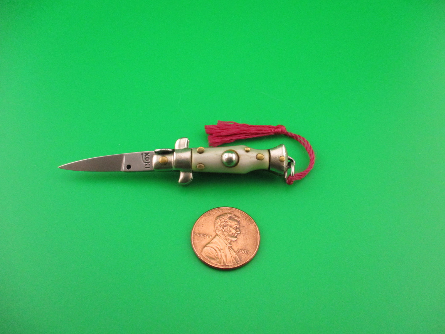 INOX 7cm Italian Mini Picklock Pearlex 4 pin vintage automatic knife with Maroon tassel
