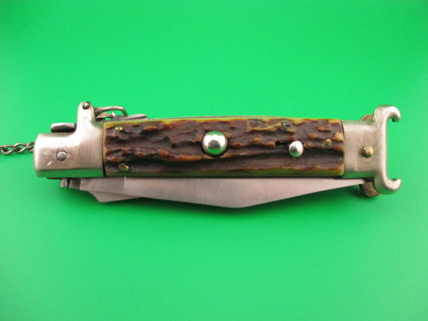 Zoppis 22cm Italian Picklock Stag Shell puller 6 Blade Camper Vintage automatic knife w chain