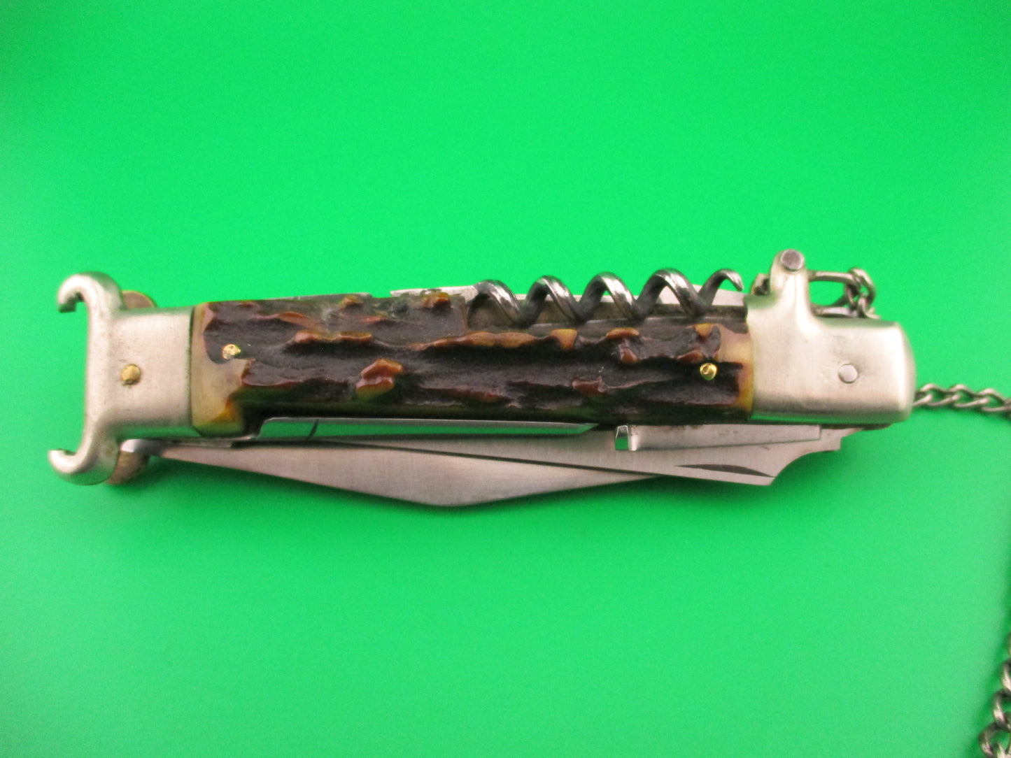 Zoppis 22cm Italian Picklock Stag Shell puller 6 Blade Camper Vintage automatic knife w chain