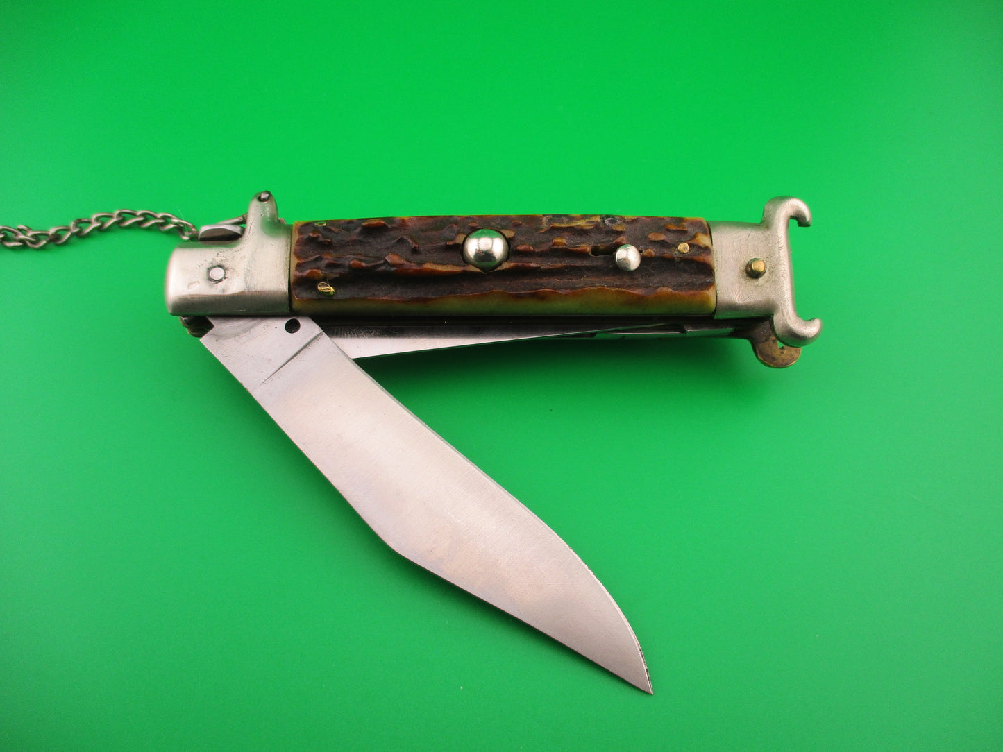 Zoppis 22cm Italian Picklock Stag Shell puller 6 Blade Camper Vintage automatic knife w chain