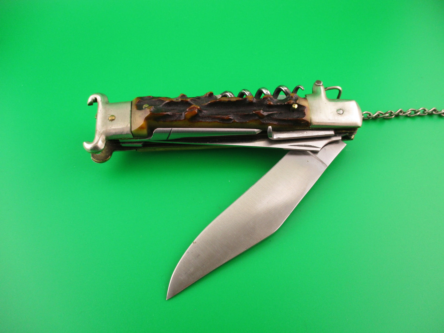 Zoppis 22cm Italian Picklock Stag Shell puller 6 Blade Camper Vintage automatic knife w chain