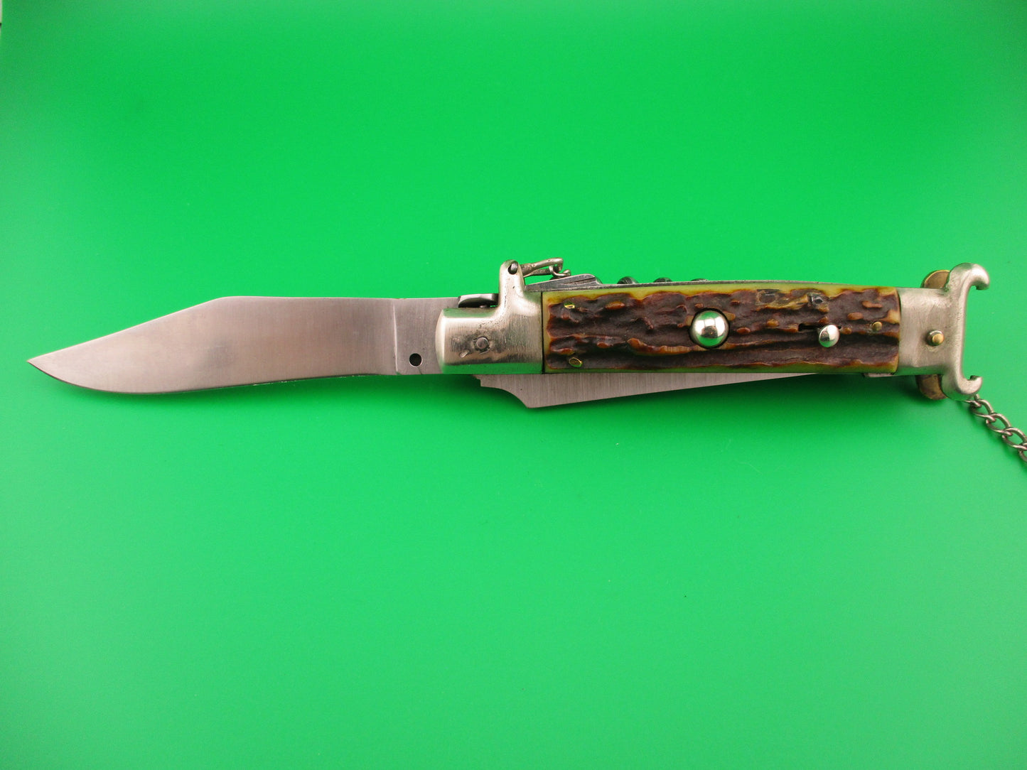 Zoppis 22cm Italian Picklock Stag Shell puller 6 Blade Camper Vintage automatic knife w chain