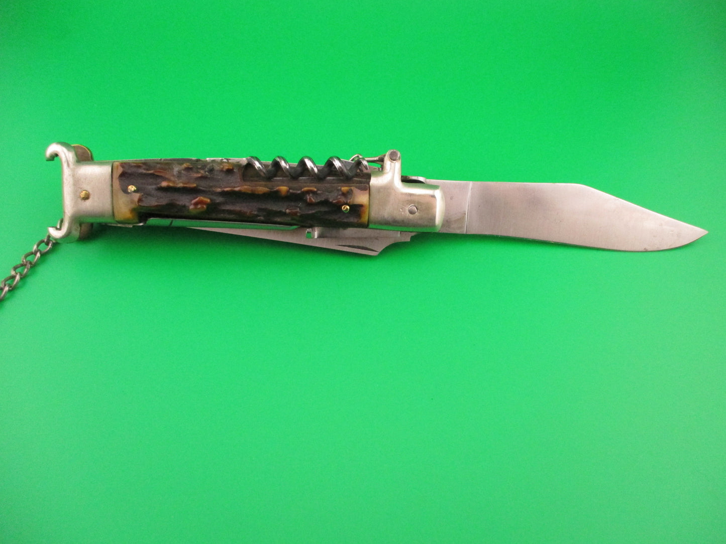 Zoppis 22cm Italian Picklock Stag Shell puller 6 Blade Camper Vintage automatic knife w chain