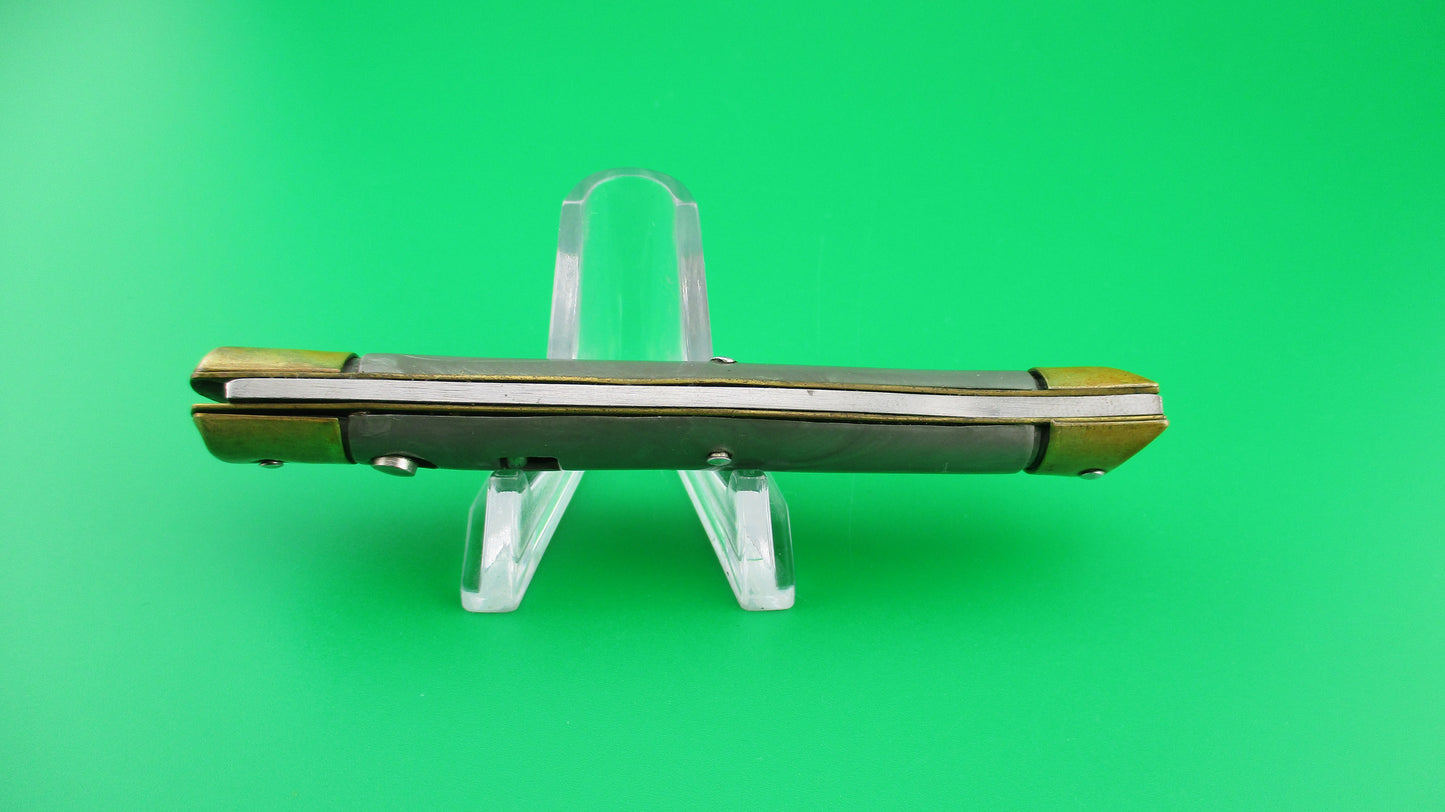 Edgemaster Fishtail 1940s Brass bolsters saber grind Gray swirl switchblade