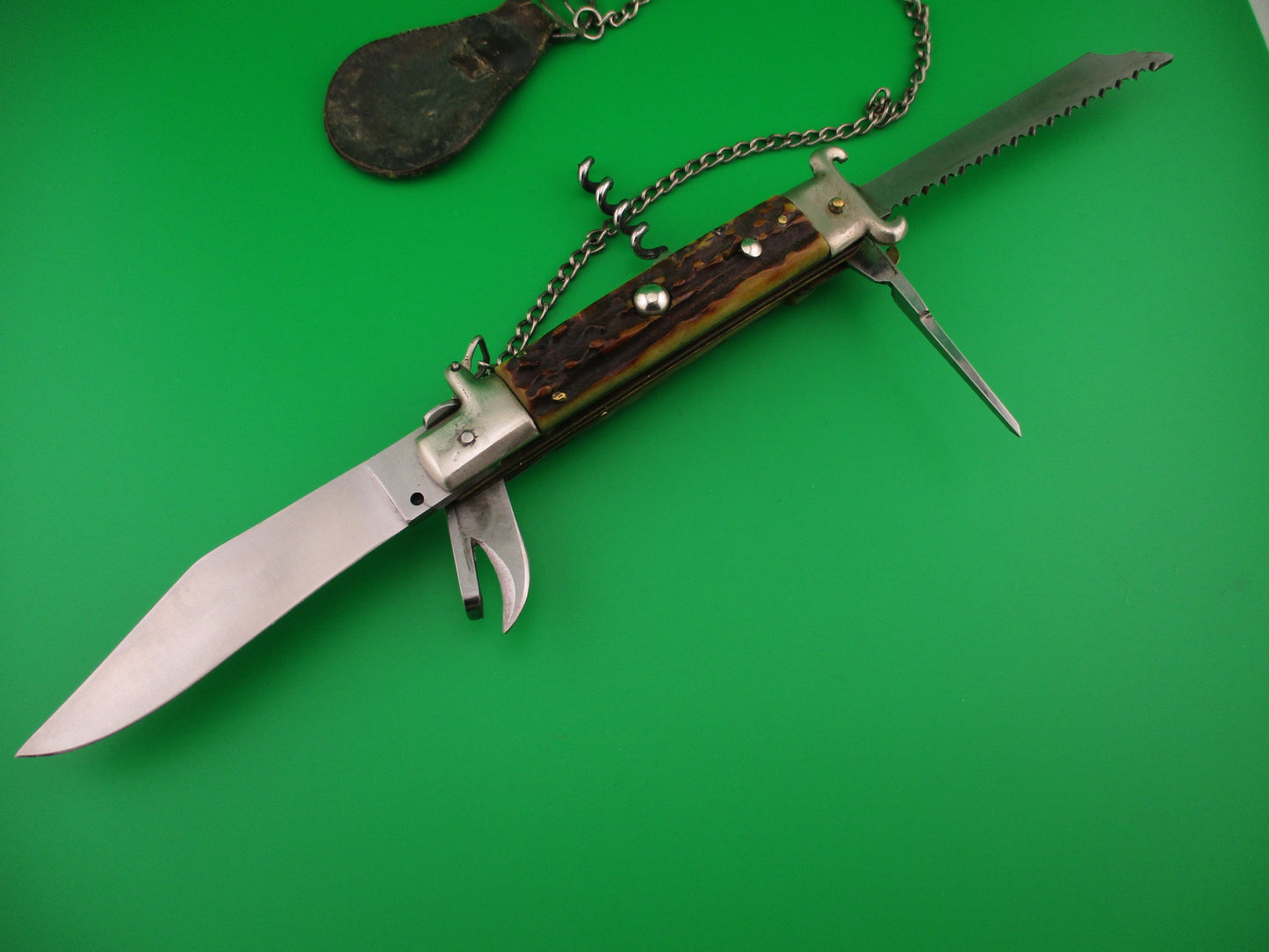 Zoppis 22cm Italian Picklock Stag Shell puller 6 Blade Camper Vintage automatic knife w chain