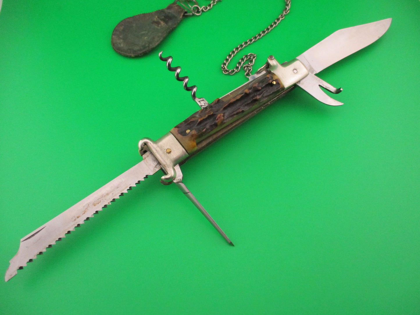 Zoppis 22cm Italian Picklock Stag Shell puller 6 Blade Camper Vintage automatic knife w chain