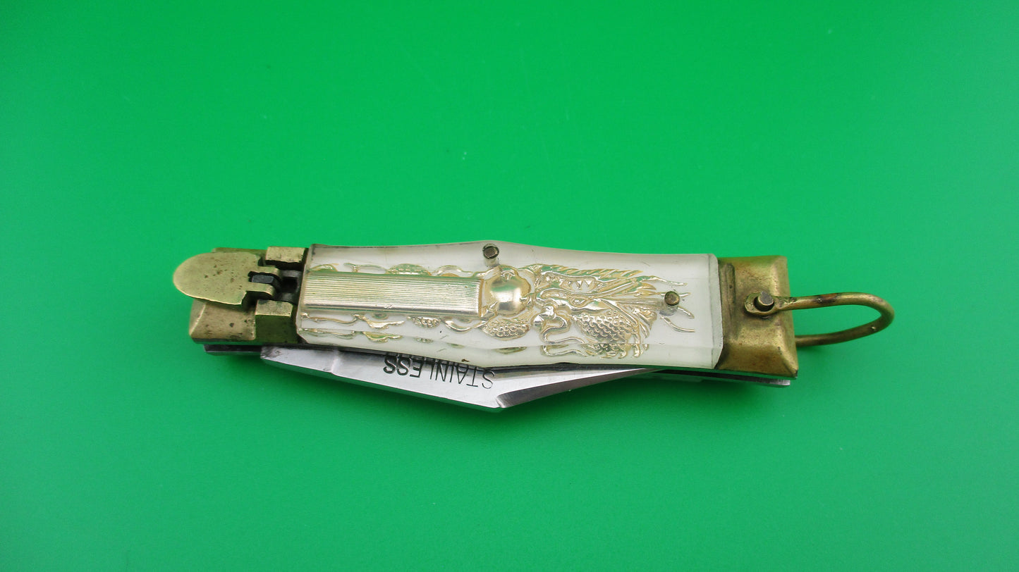 STAINLESS Bullfighter 14cm White Gold Vintage lever switchblade knife