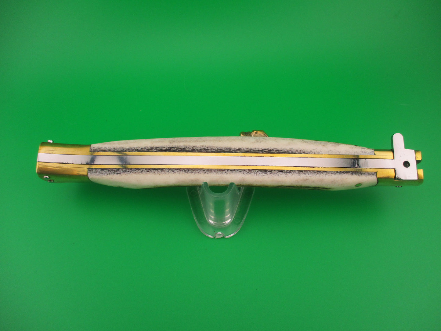 35cm Skull Button Wicked Stiletto Kris blade Stag & Brass Custom automatic knife