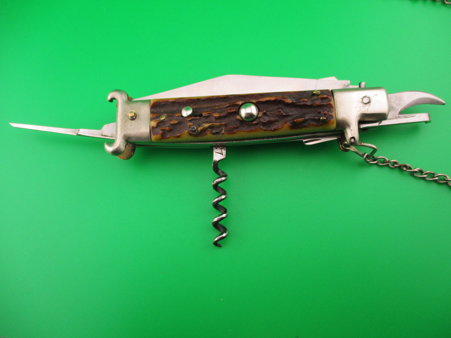Zoppis 22cm Italian Picklock Stag Shell puller 6 Blade Camper Vintage automatic knife w chain