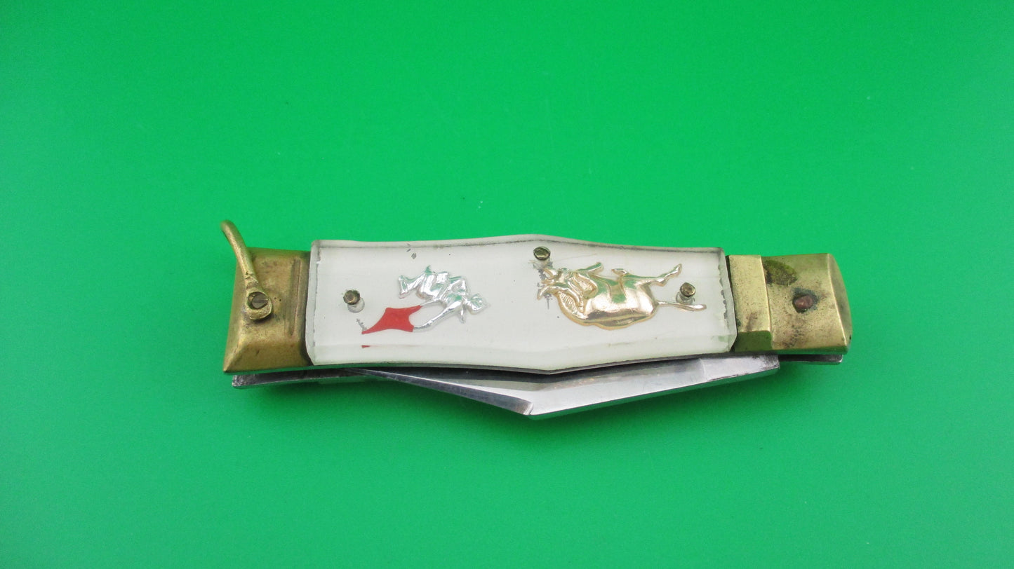 STAINLESS Bullfighter 14cm White Gold Vintage lever switchblade knife