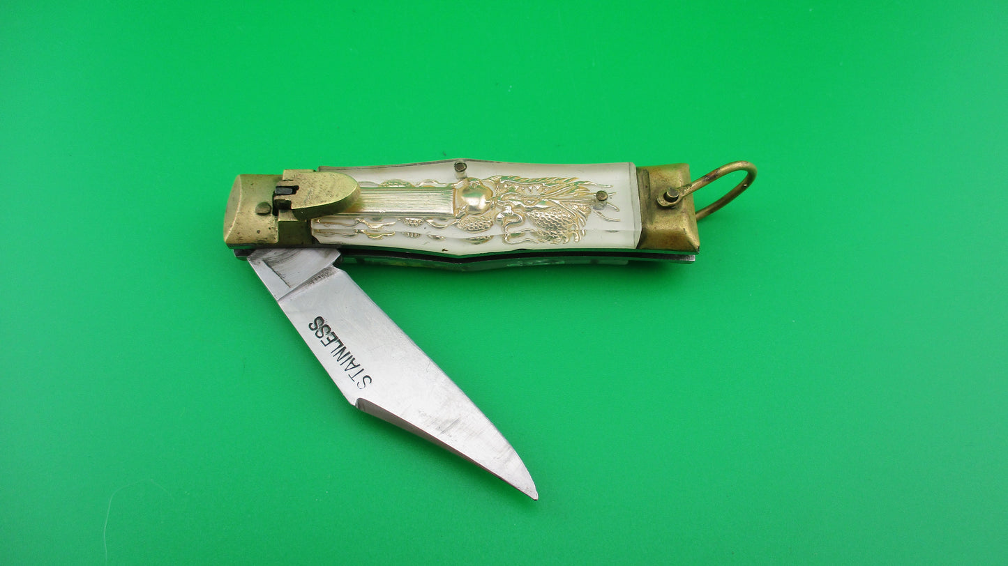 STAINLESS Bullfighter 14cm White Gold Vintage lever switchblade knife