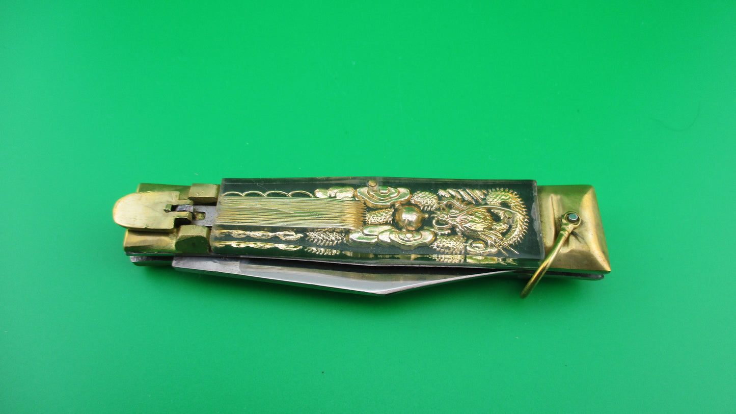STAINLESS STEEL Bullfighter Dragon 19cm NOS Mexican Green Souvenir lever switchblade knife