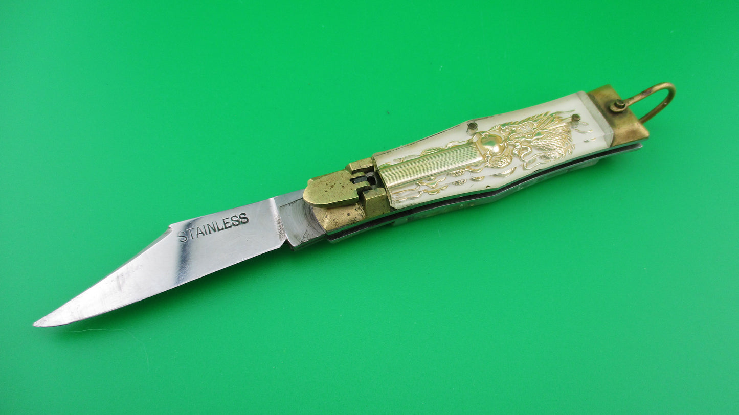 STAINLESS Bullfighter 14cm White Gold Vintage lever switchblade knife