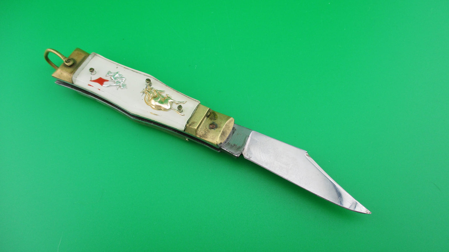 STAINLESS Bullfighter 14cm White Gold Vintage lever switchblade knife