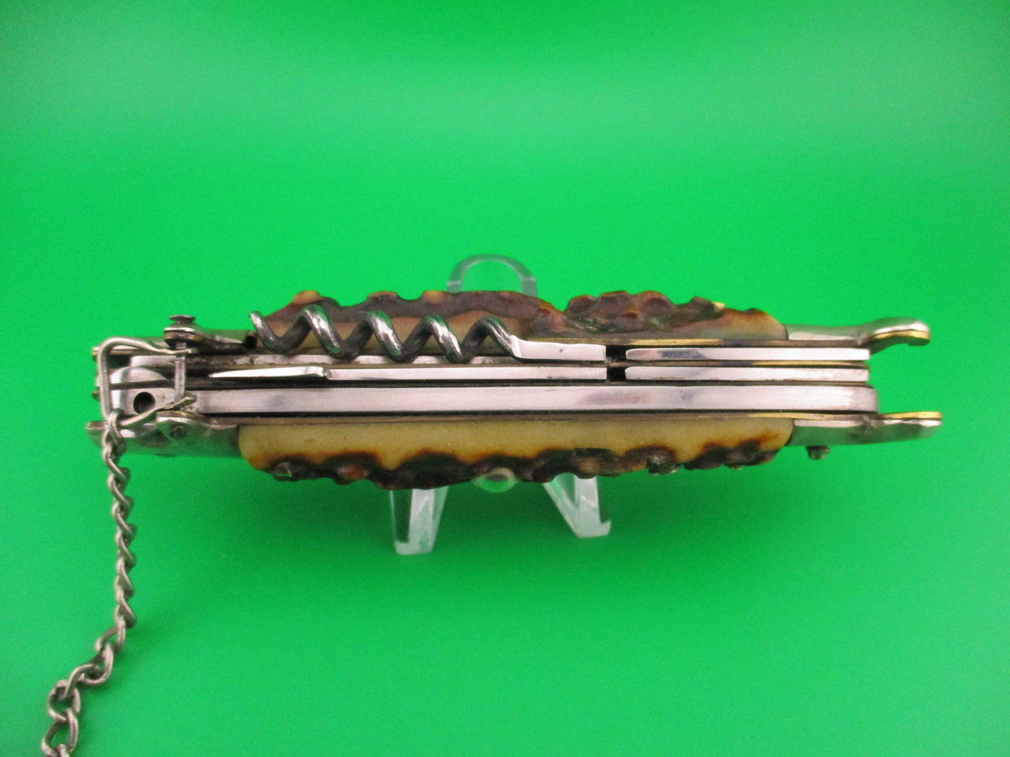 Zoppis 22cm Italian Picklock Stag Shell puller 6 Blade Camper Vintage automatic knife w chain