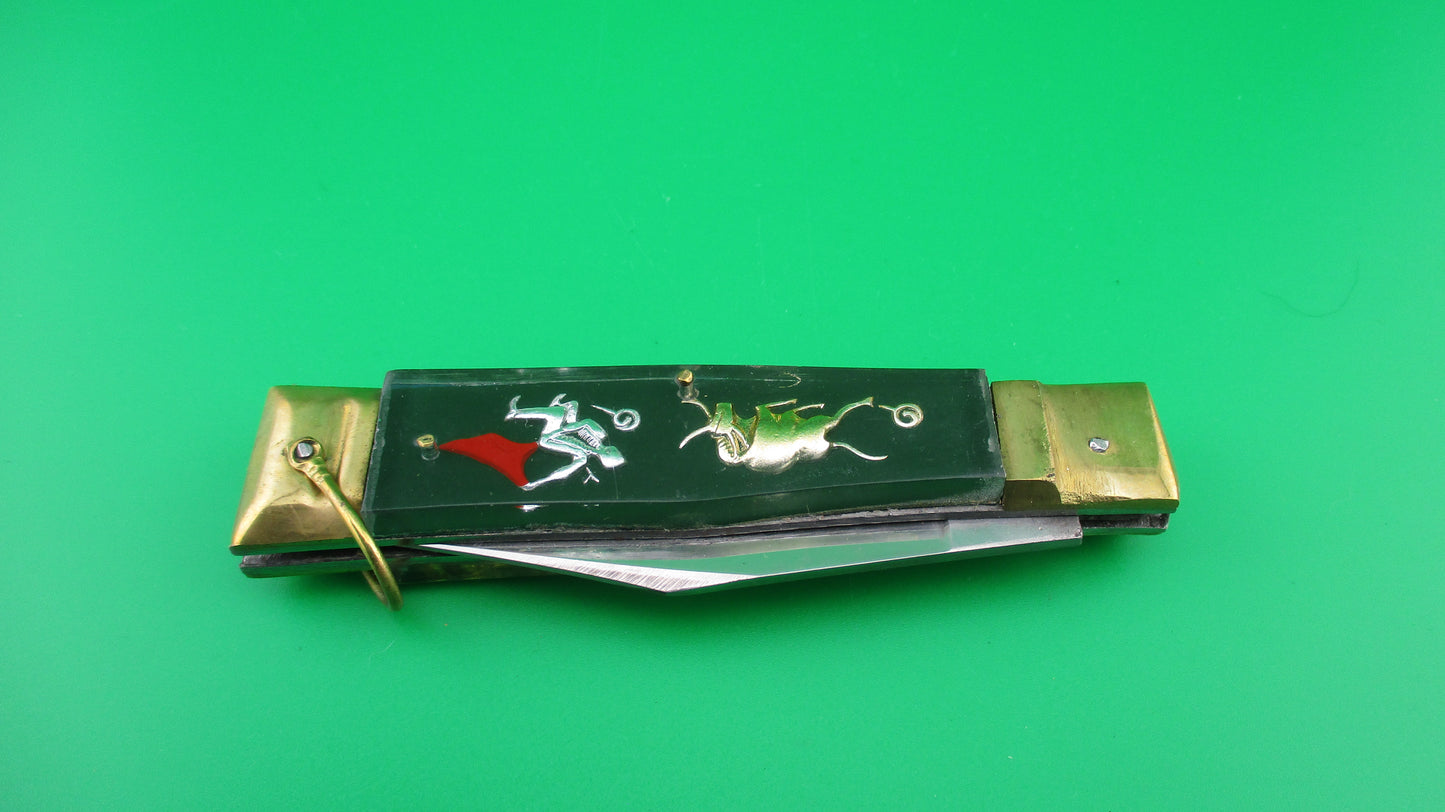 STAINLESS STEEL Bullfighter Dragon 19cm NOS Mexican Green Souvenir lever switchblade knife