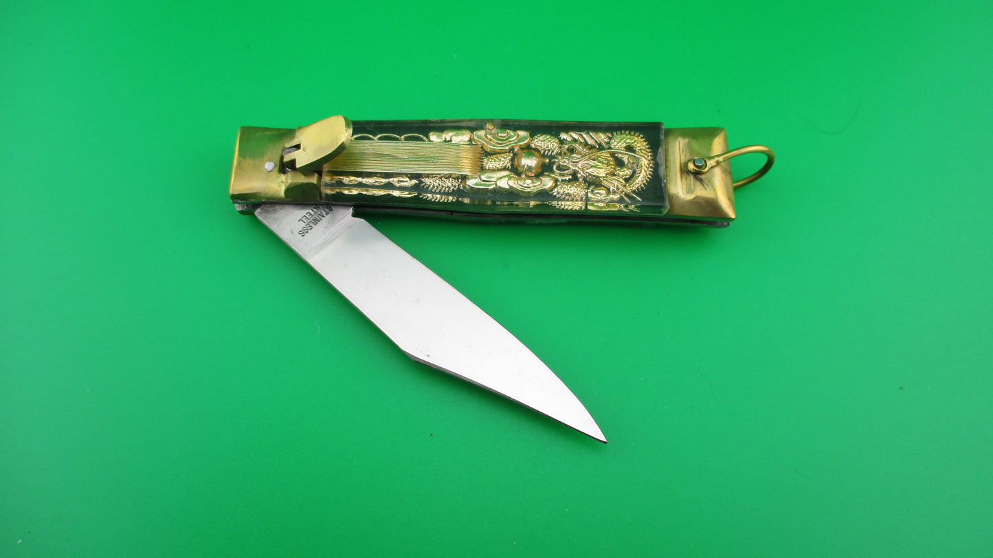 STAINLESS STEEL Bullfighter Dragon 19cm NOS Mexican Green Souvenir lever switchblade knife