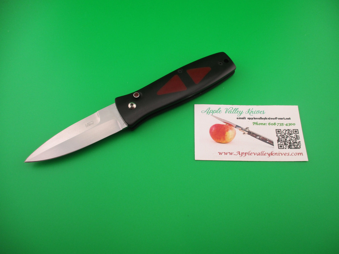 MEL PARDUE 7.25" Black Micarta red triangles Coil Spring automatic knife