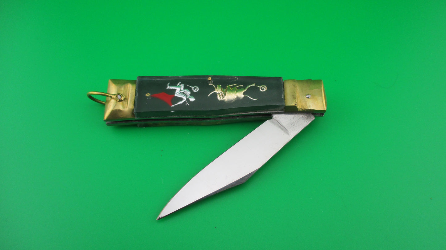 STAINLESS STEEL Bullfighter Dragon 19cm NOS Mexican Green Souvenir lever switchblade knife