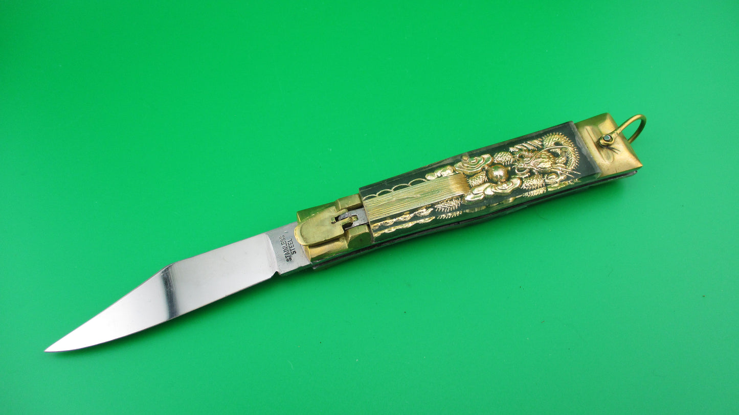STAINLESS STEEL Bullfighter Dragon 19cm NOS Mexican Green Souvenir lever switchblade knife