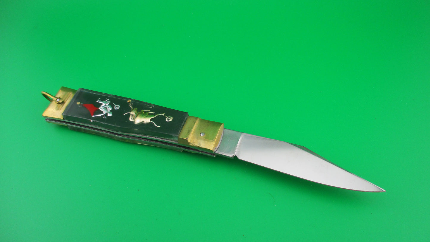 STAINLESS STEEL Bullfighter Dragon 19cm NOS Mexican Green Souvenir lever switchblade knife