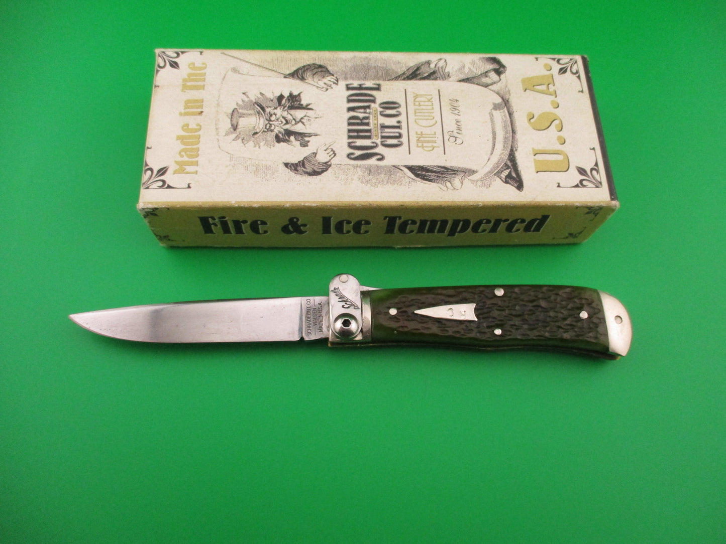 SCHRADE FIRE & ICE lever release green bone automatic knife