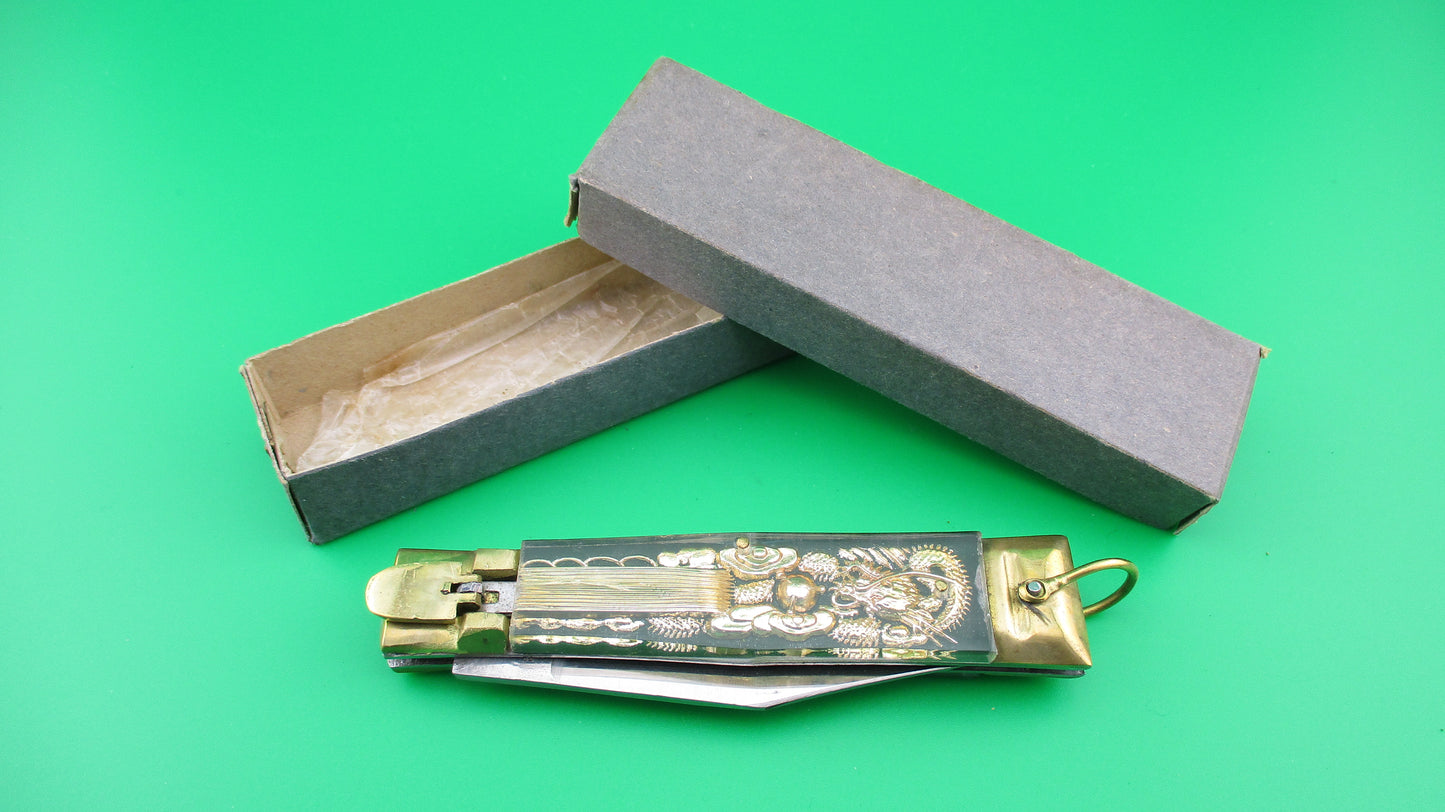 STAINLESS STEEL Bullfighter Dragon 19cm NOS Mexican Green Souvenir lever switchblade knife