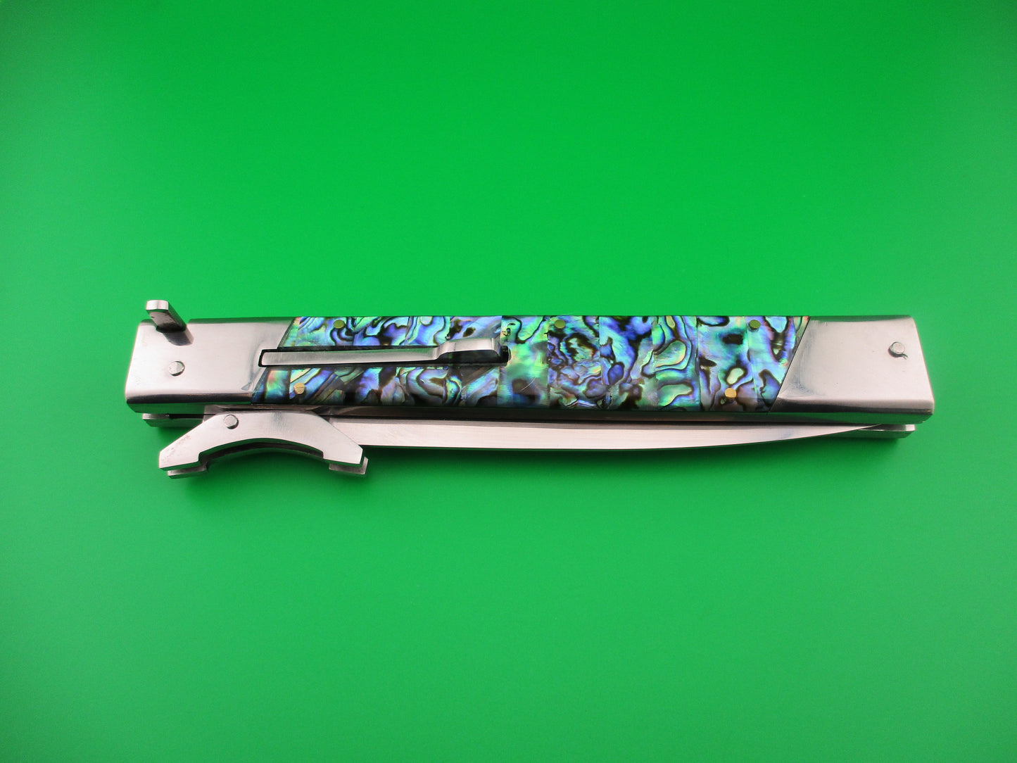 Custom 33cm Abalone Swing Guard Dagger grind Prioletta style Automatic knife by Samir Ahmad