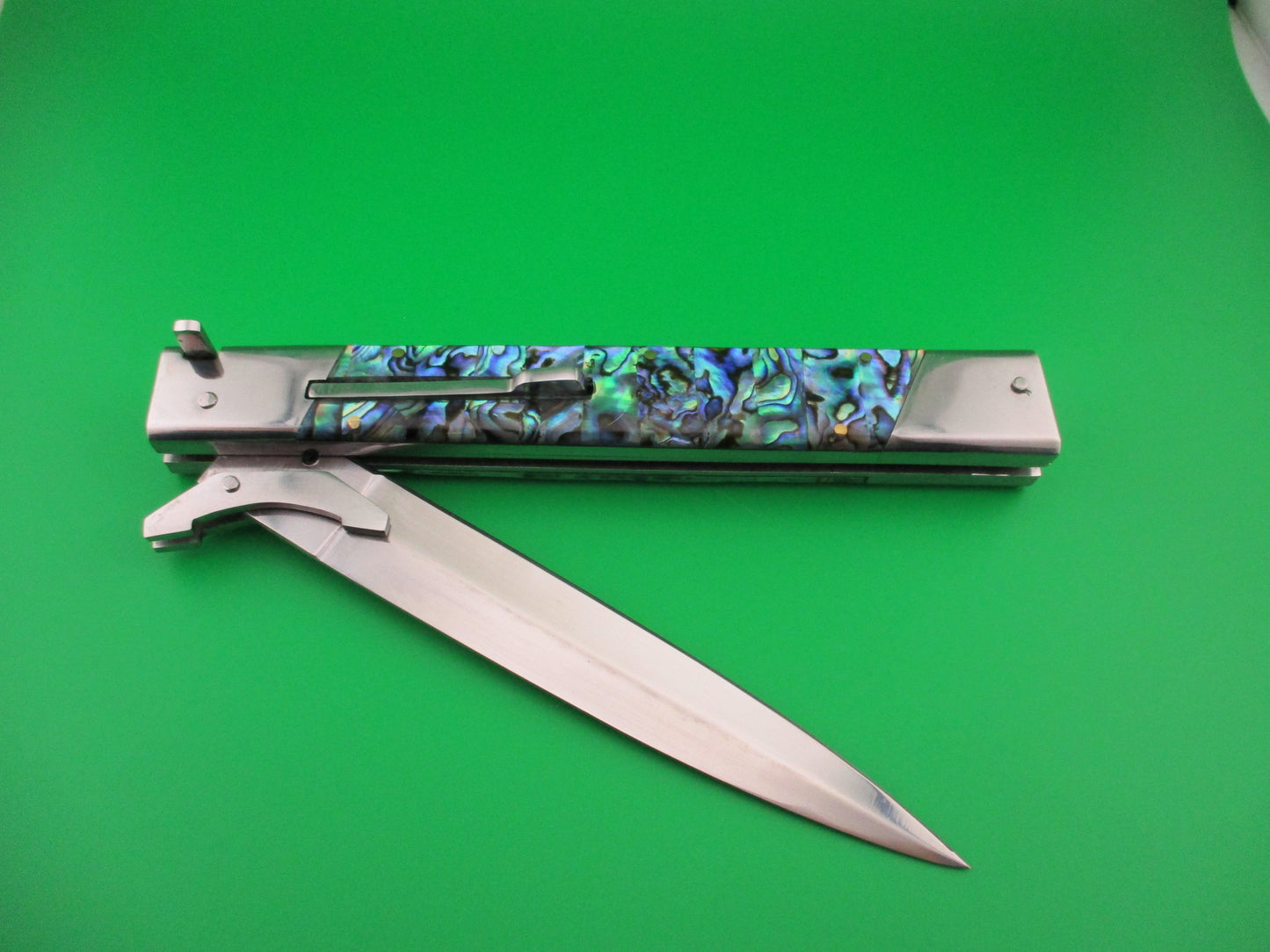 Custom 33cm Abalone Swing Guard Dagger grind Prioletta style Automatic knife by Samir Ahmad