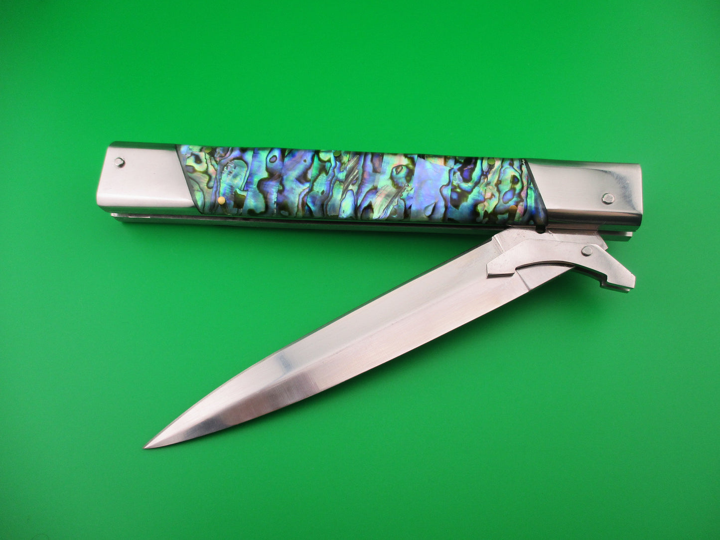 Custom 33cm Abalone Swing Guard Dagger grind Prioletta style Automatic knife by Samir Ahmad