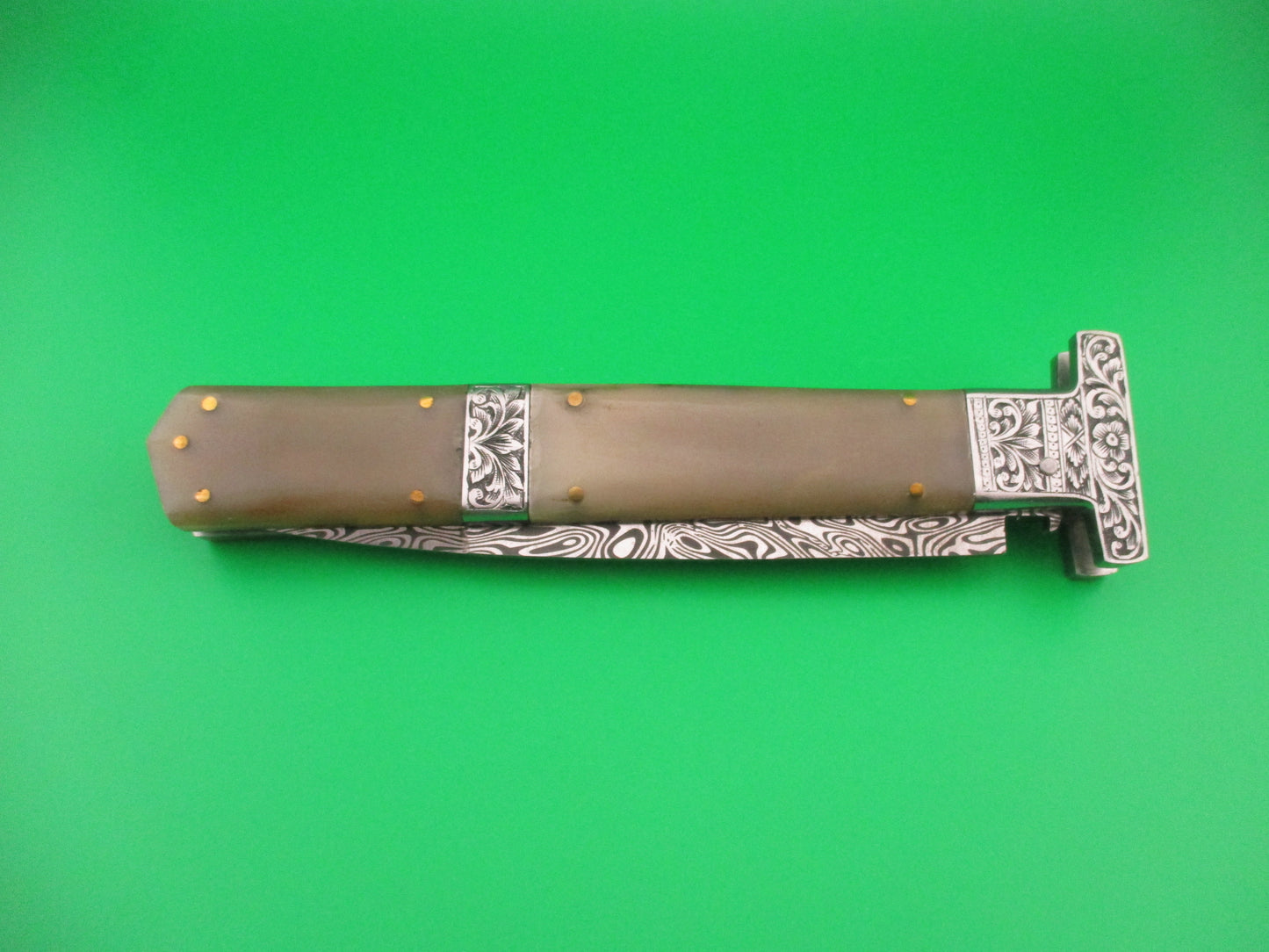 Unmarked 32cm Custom T Bolster Prioletta Damascus Horn Engraved automatic knife