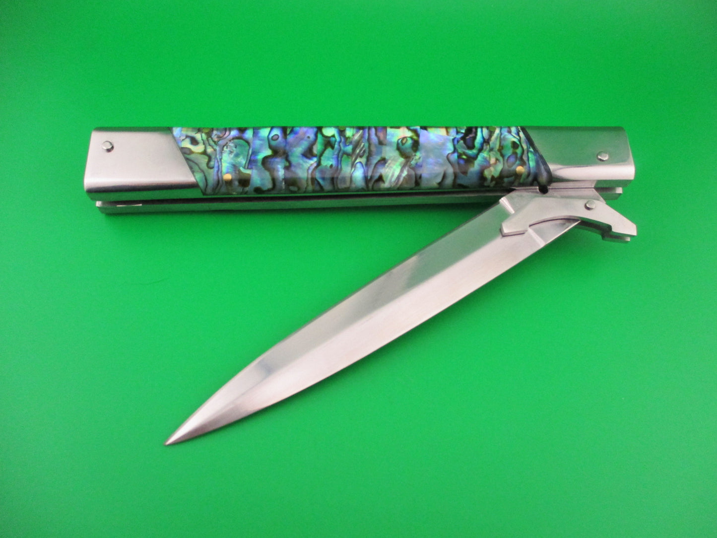 Custom 33cm Abalone Swing Guard Dagger grind Prioletta style Automatic knife by Samir Ahmad