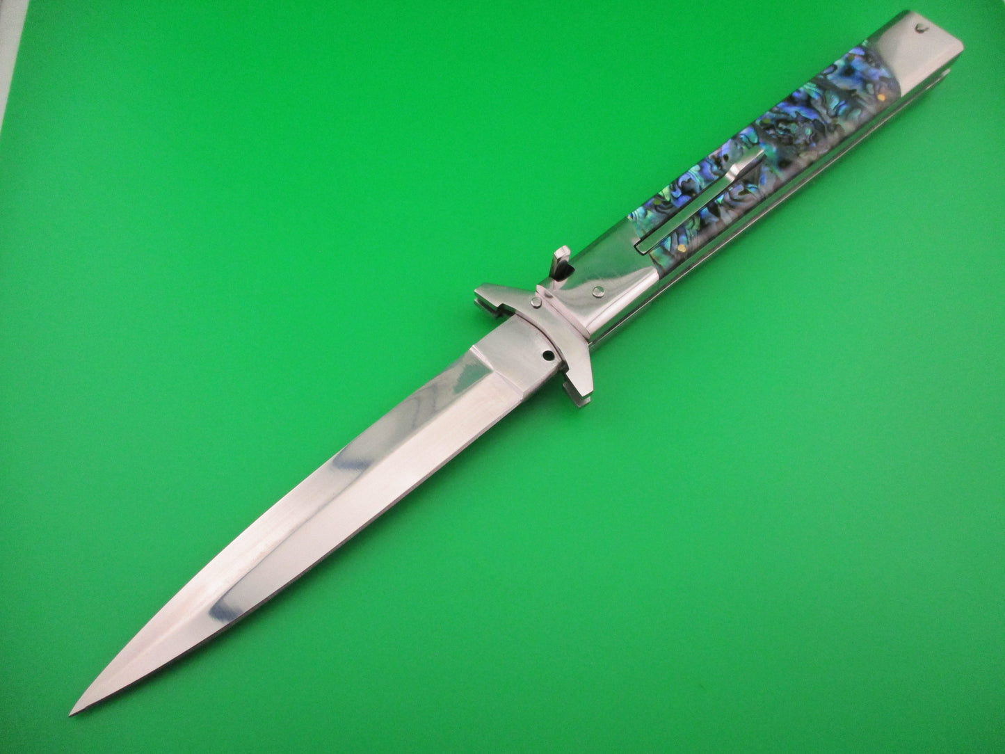 Custom 33cm Abalone Swing Guard Dagger grind Prioletta style Automatic knife by Samir Ahmad