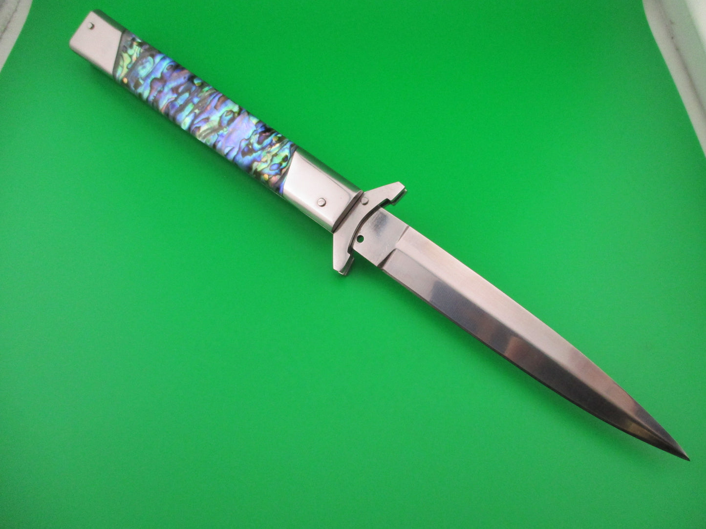 Custom 33cm Abalone Swing Guard Dagger grind Prioletta style Automatic knife by Samir Ahmad