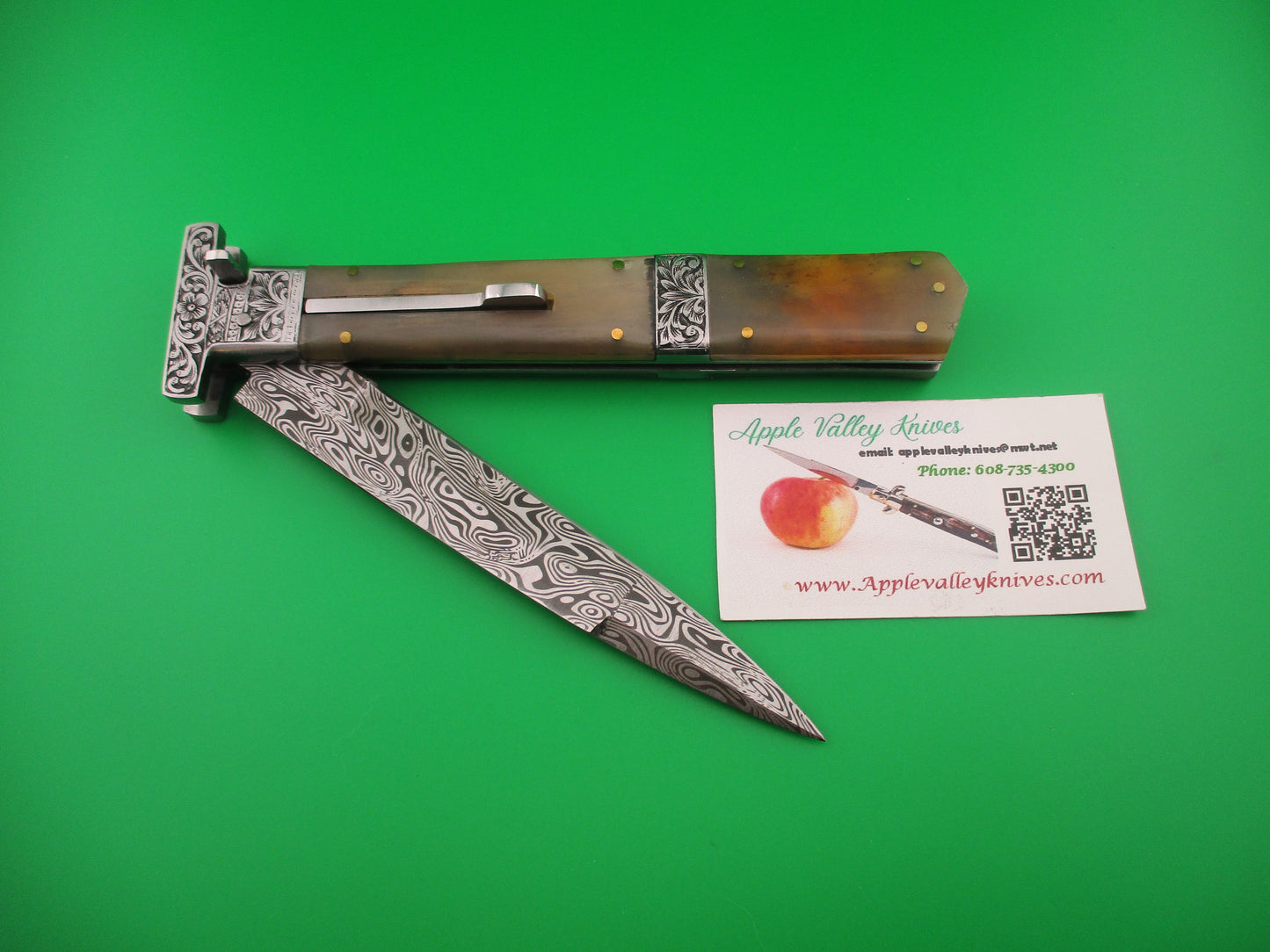 Unmarked 32cm Custom T Bolster Prioletta Damascus Horn Engraved automatic knife