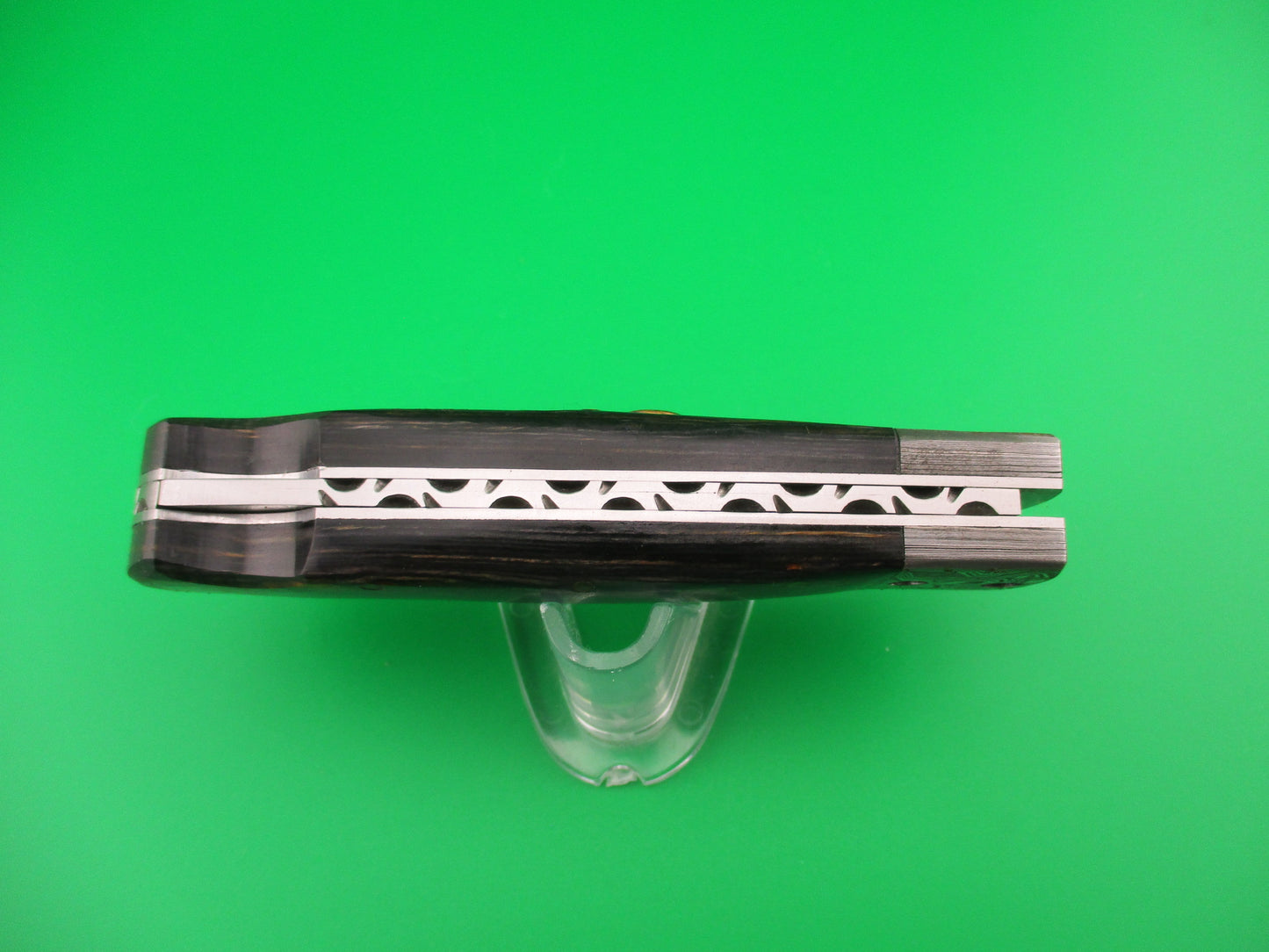 Custom Damascus 19cm Round button automatic knife in leather sheath hand made