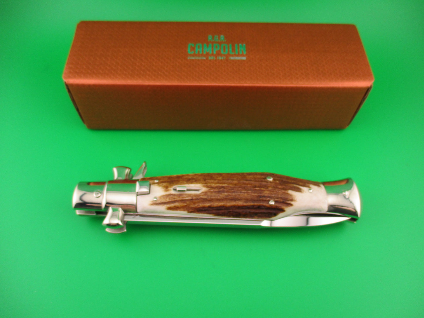 AGA CAMPOLIN ITALY 29cm Italian BLACK WIDOW Stag Fulcrum release Square button knife