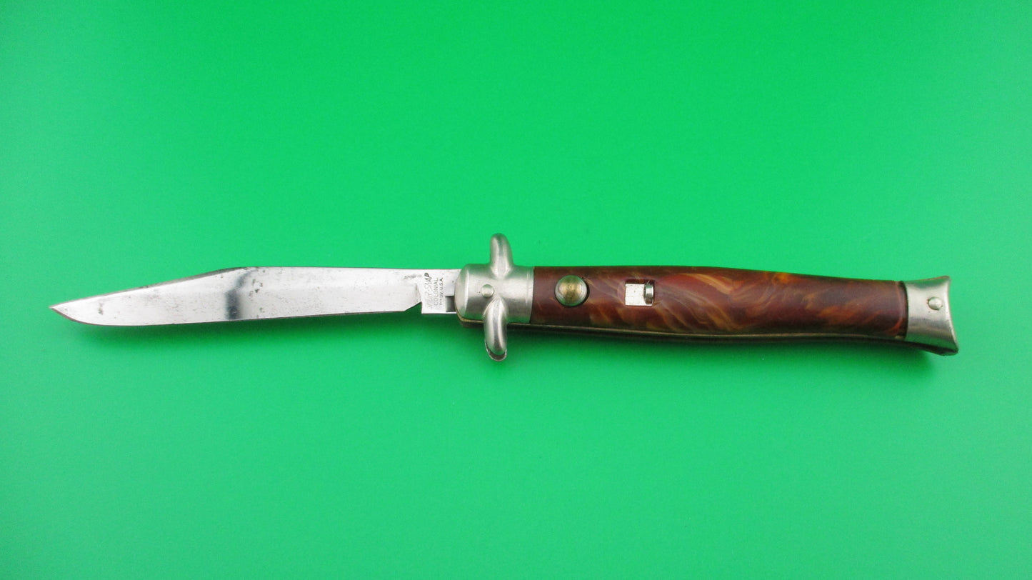 z COLONIAL SHUR-SNAP Bowtie Brown swirl Vintage switchblade brass button