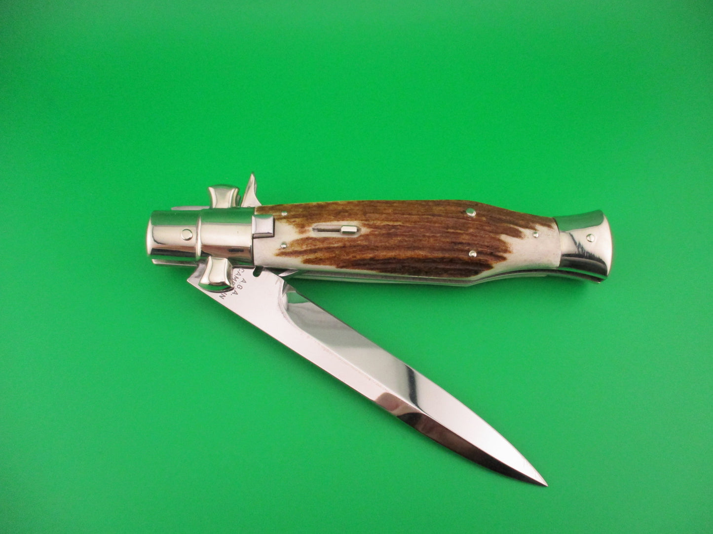 AGA CAMPOLIN ITALY 29cm Italian BLACK WIDOW Stag Fulcrum release Square button knife