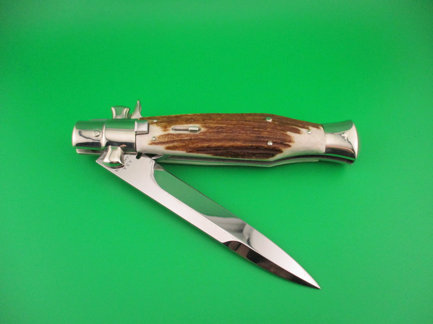 AGA CAMPOLIN ITALY 29cm Italian BLACK WIDOW Stag Fulcrum release Square button knife