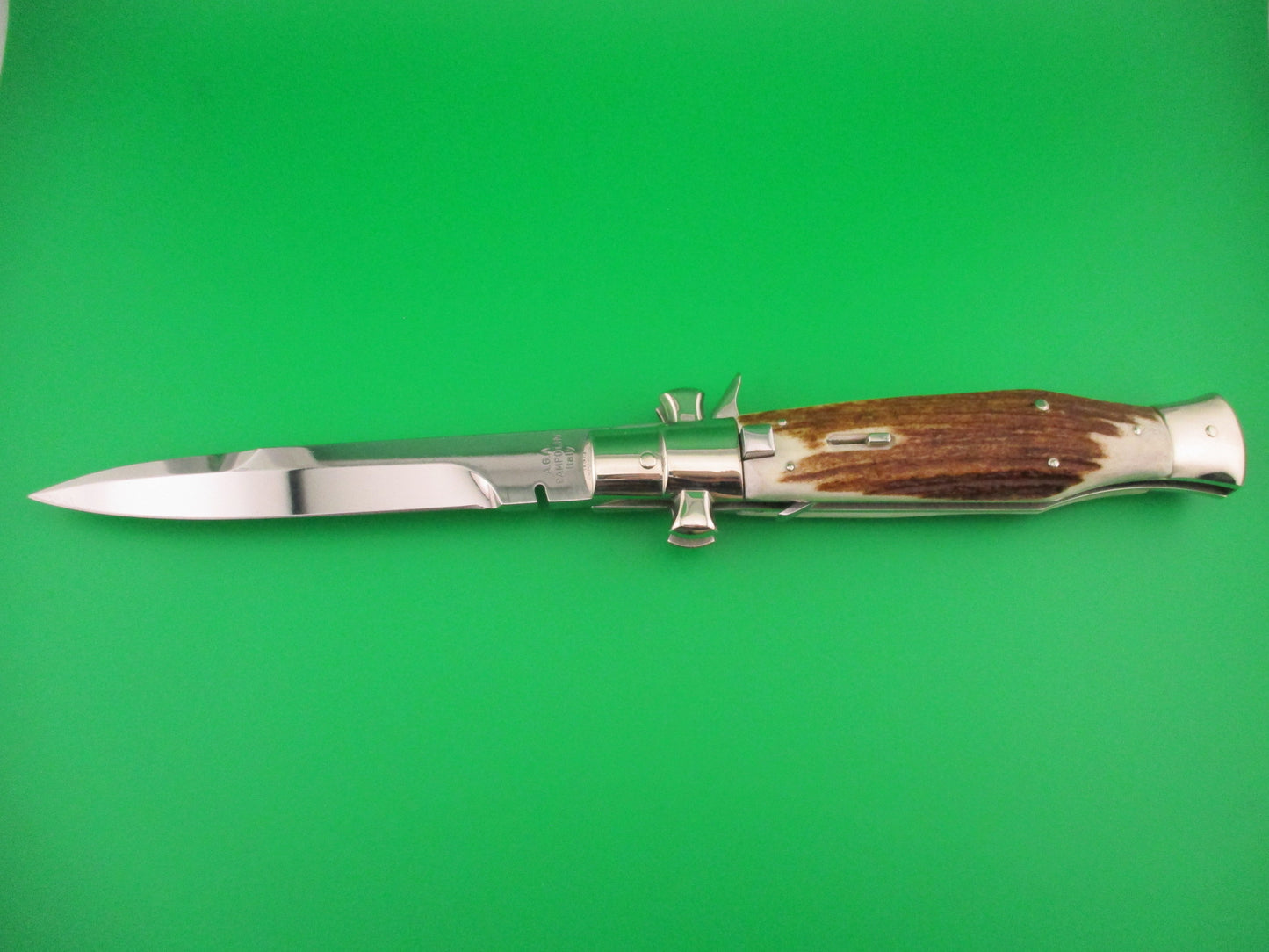 AGA CAMPOLIN ITALY 29cm Italian BLACK WIDOW Stag Fulcrum release Square button knife