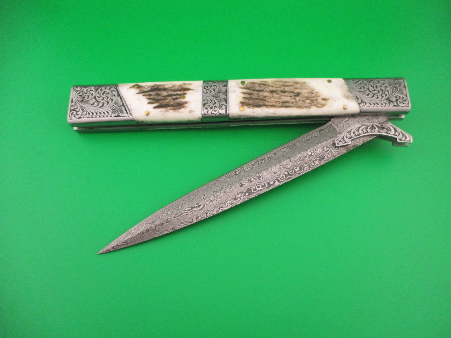 Custom 39cm Stag Damascus Prioletta Inspired Swing guard automatic knife