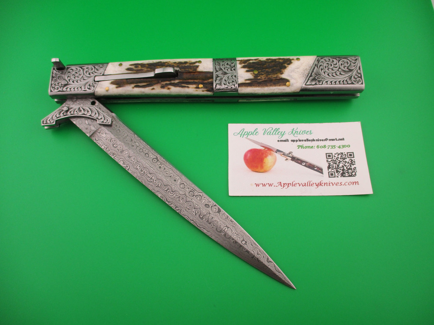 Custom 39cm Stag Damascus Prioletta Inspired Swing guard automatic knife