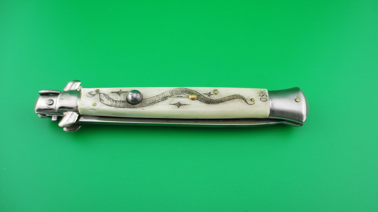 J INOX 28cm Italian Swivel bolster Scrimshaw Snake Cobra automatic knife MULAS
