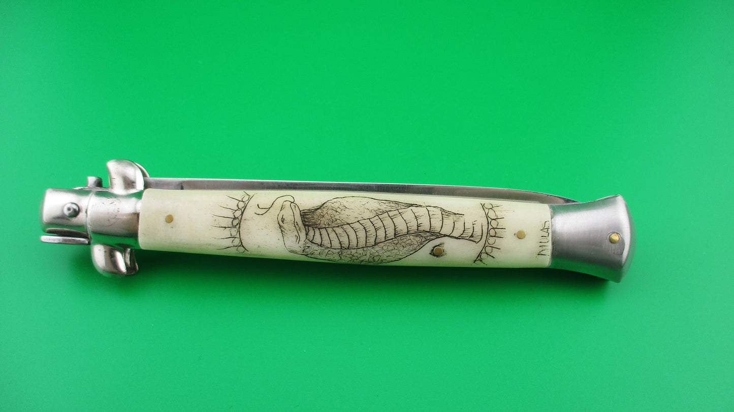 J INOX 28cm Italian Swivel bolster Scrimshaw Snake Cobra automatic knife MULAS
