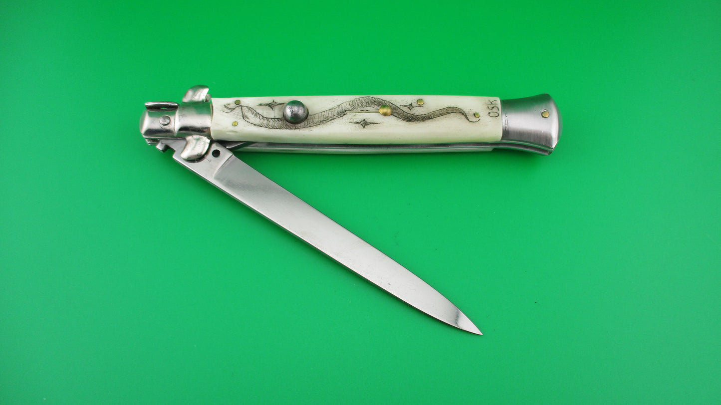J INOX 28cm Italian Swivel bolster Scrimshaw Snake Cobra automatic knife MULAS