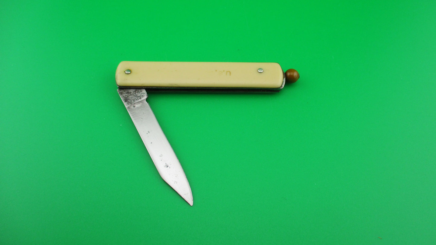 G SCHRADE (arched) Pullball Red scales Green ball vintage automatic knife