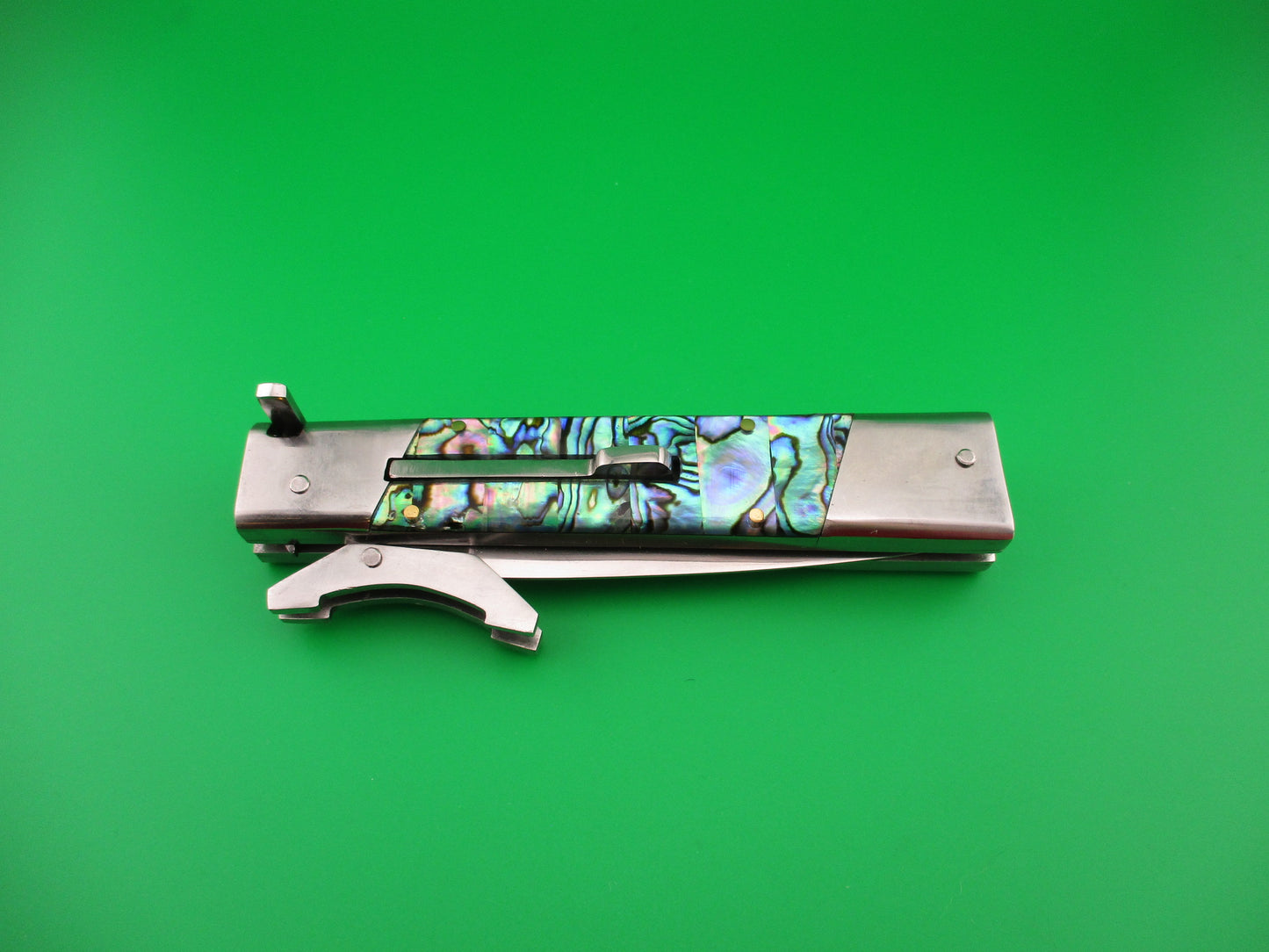 Custom 24cm Abalone Swing Guard Dagger grind Automatic knife by Samir Ahmad