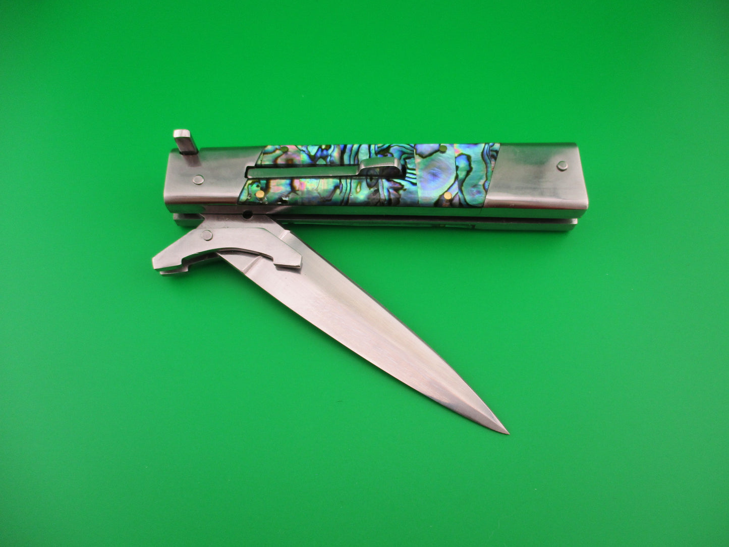 Custom 24cm Abalone Swing Guard Dagger grind Automatic knife by Samir Ahmad